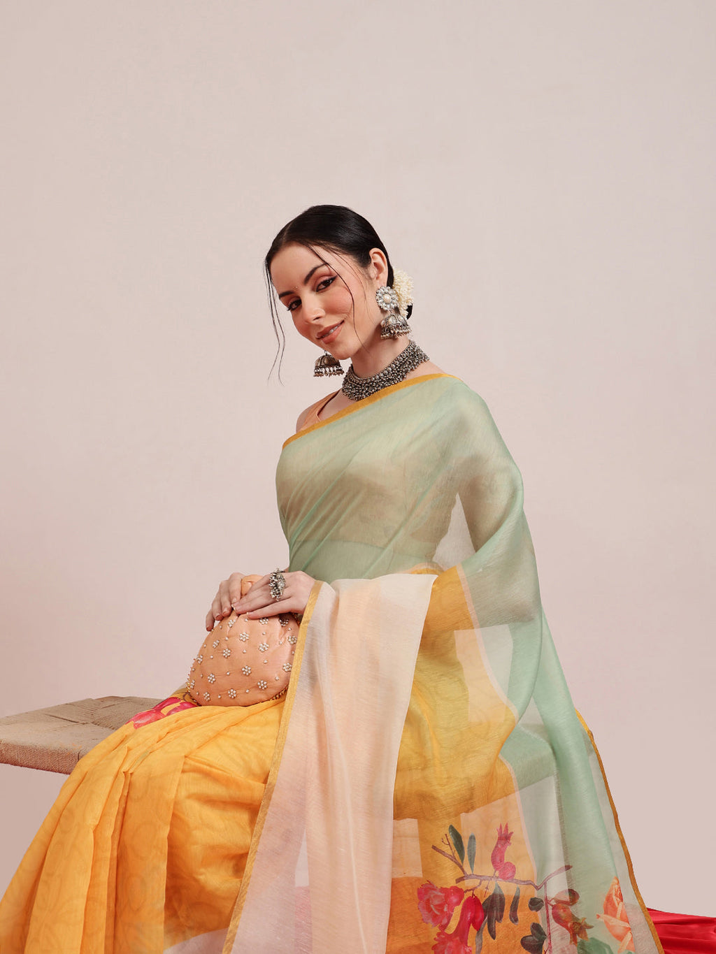 Hiral Fashion Yellow Chanderi Cotton Blend Fruits Digital Printed Saree | Grocsy