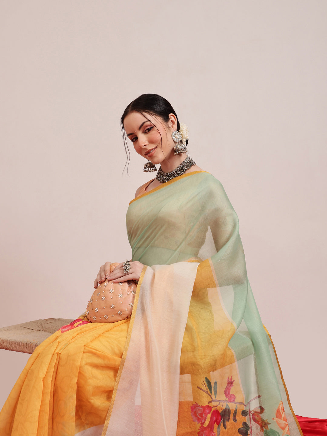 Hiral Fashion Yellow Chanderi Cotton Blend Fruits Digital Printed Saree | Grocsy