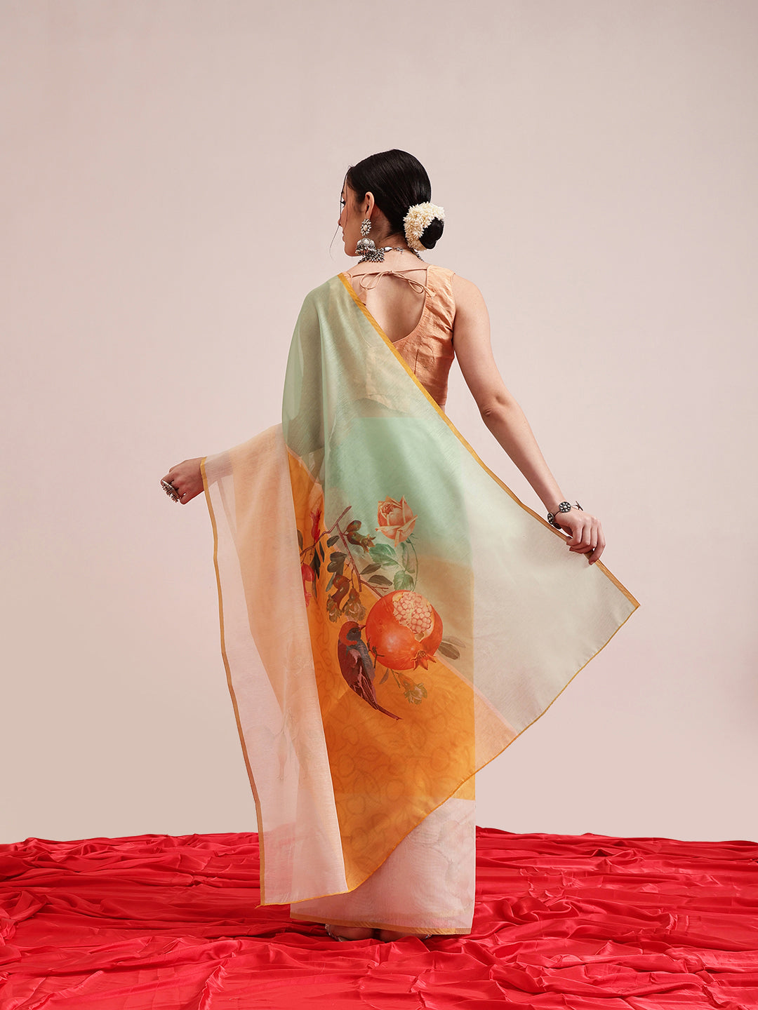 Hiral Fashion Yellow Chanderi Cotton Blend Fruits Digital Printed Saree | Grocsy