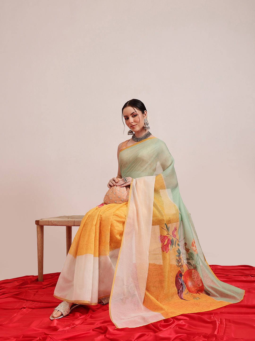 Hiral Fashion Yellow Chanderi Cotton Blend Fruits Digital Printed Saree | Grocsy