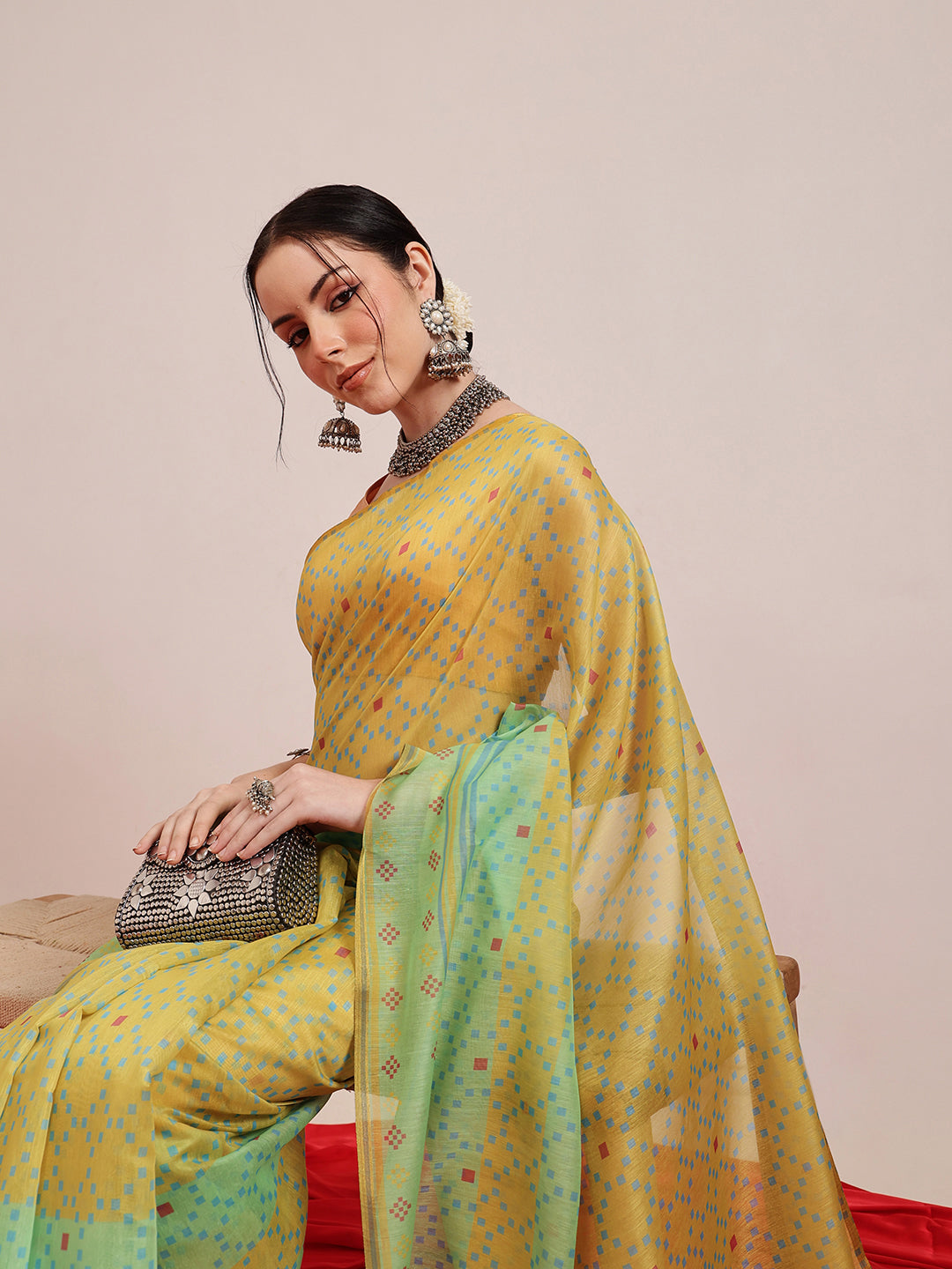 Hiral Fashion Olive Chanderi Cotton Blend Geomatric Digital Printed Saree | Grocsy