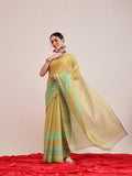 Hiral Fashion Olive Chanderi Cotton Blend Geomatric Digital Printed Saree | Grocsy