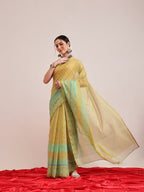 Hiral Fashion Olive Chanderi Cotton Blend Geomatric Digital Printed Saree | Grocsy