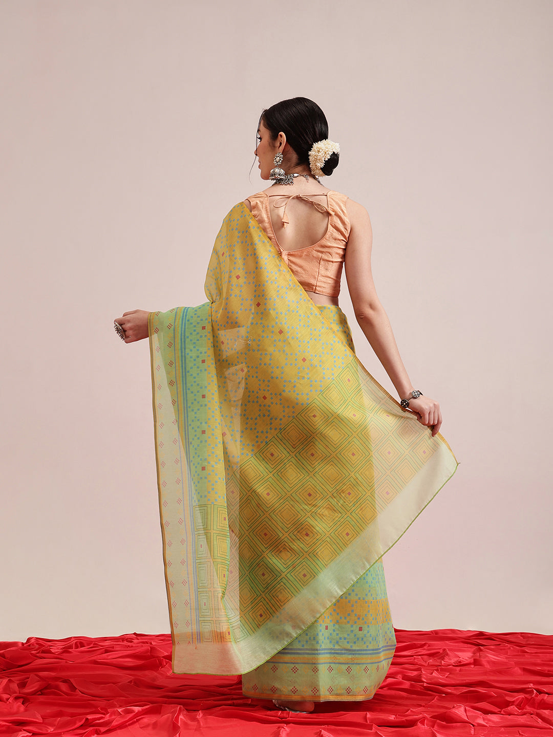 Hiral Fashion Olive Chanderi Cotton Blend Geomatric Digital Printed Saree | Grocsy