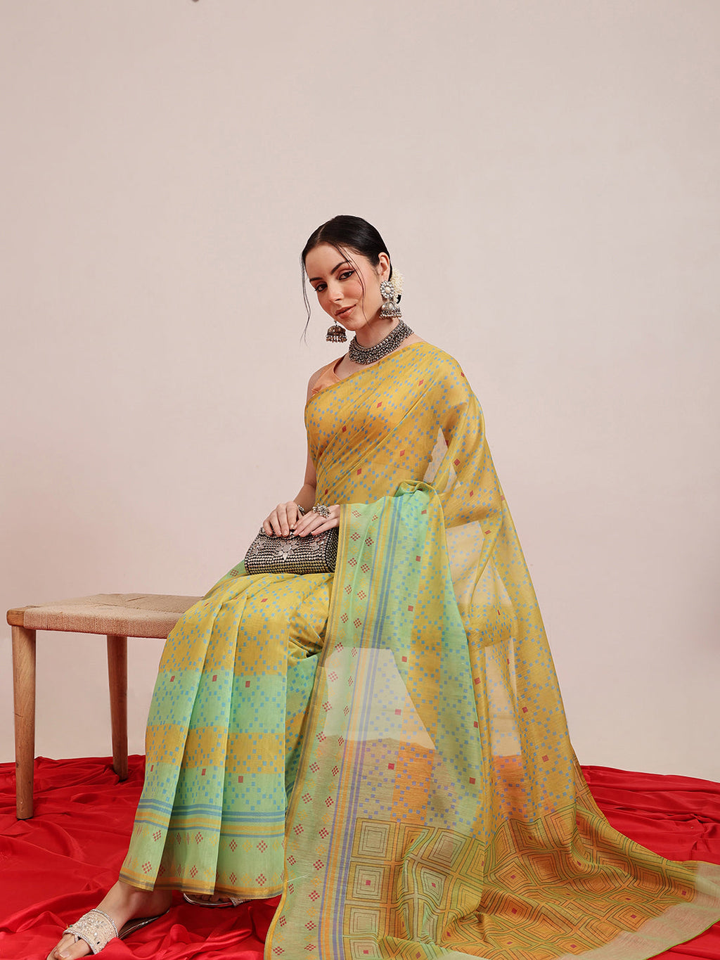 Hiral Fashion Olive Chanderi Cotton Blend Geomatric Digital Printed Saree | Grocsy