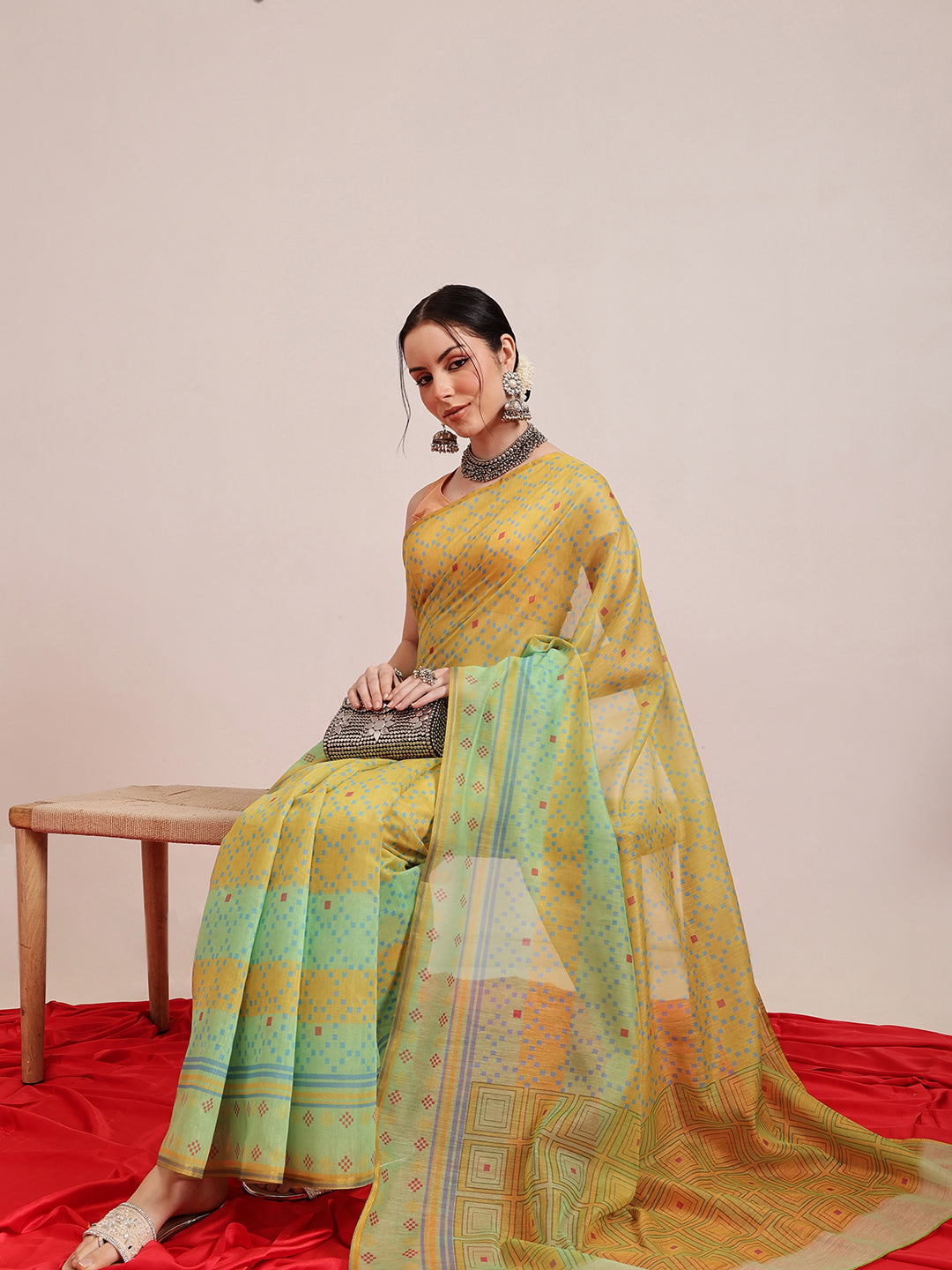 Hiral Fashion Olive Chanderi Cotton Blend Geomatric Digital Printed Saree | Grocsy