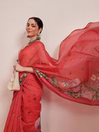 Hiral Fashion Red Chanderi Cotton Blend Fruits Digital Printed Saree | Grocsy
