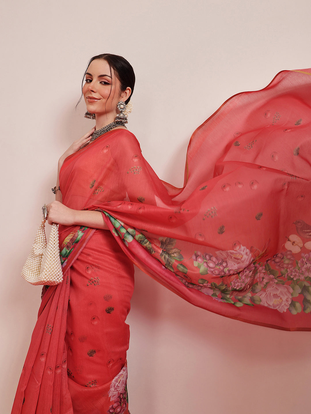 Hiral Fashion Red Chanderi Cotton Blend Fruits Digital Printed Saree | Grocsy