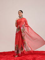 Hiral Fashion Red Chanderi Cotton Blend Fruits Digital Printed Saree | Grocsy