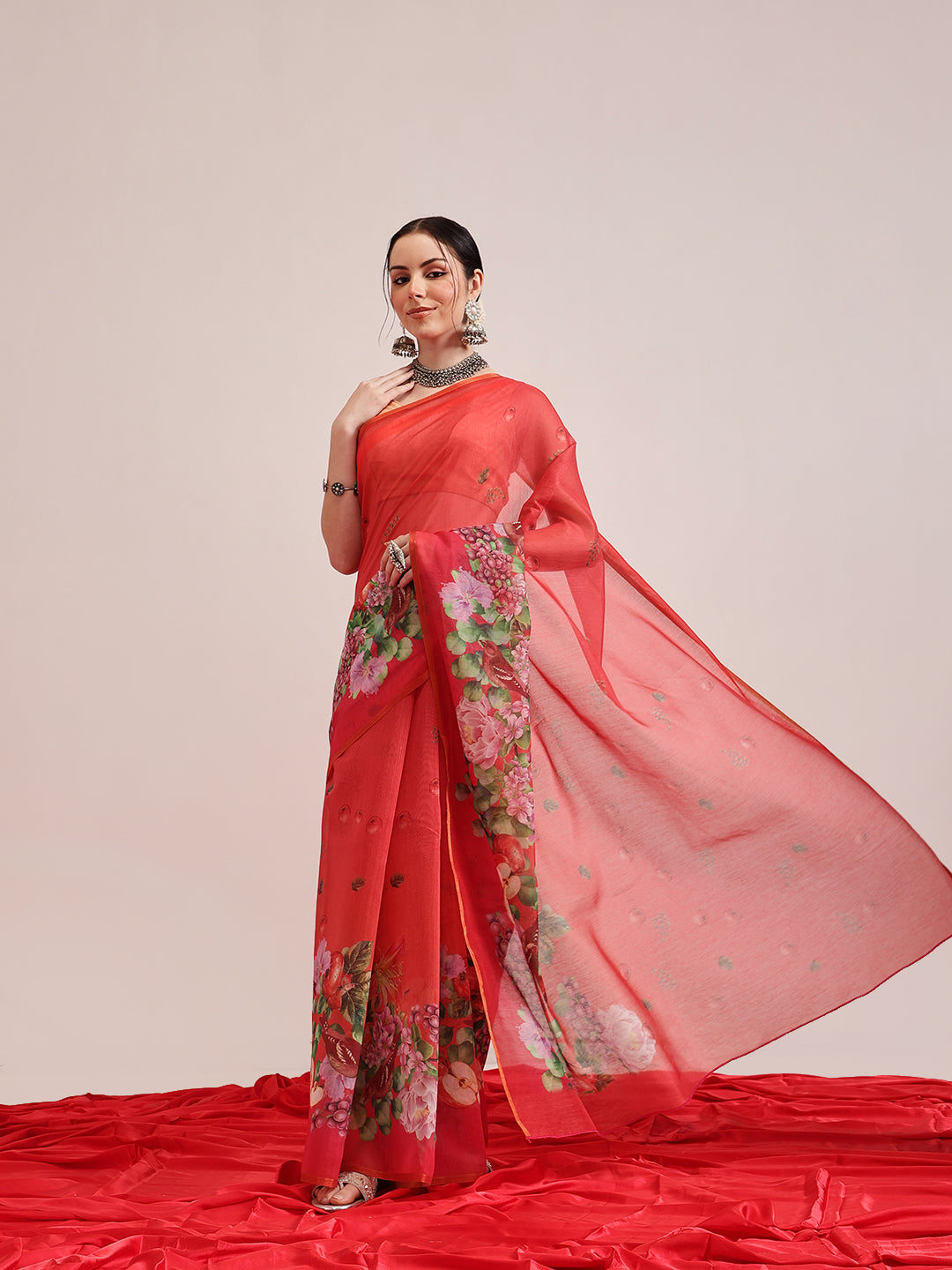 Hiral Fashion Red Chanderi Cotton Blend Fruits Digital Printed Saree | Grocsy