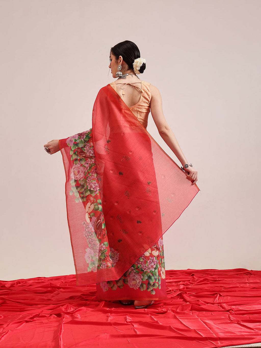 Hiral Fashion Red Chanderi Cotton Blend Fruits Digital Printed Saree | Grocsy