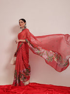 Hiral Fashion Red Chanderi Cotton Blend Fruits Digital Printed Saree | Grocsy
