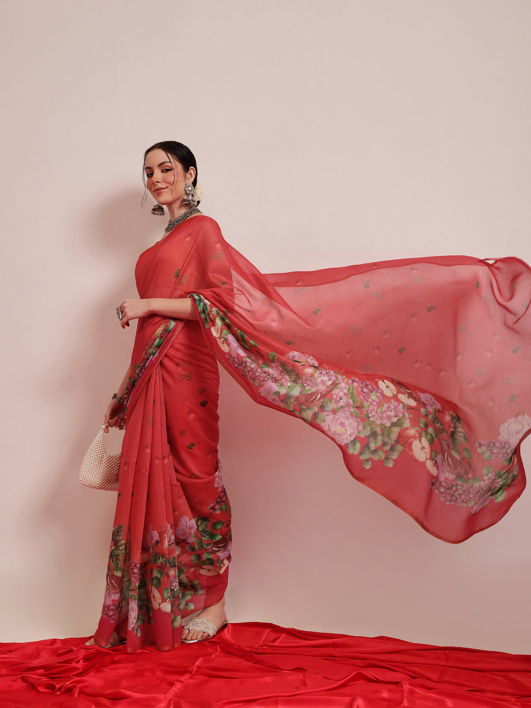 Hiral Fashion Red Chanderi Cotton Blend Fruits Digital Printed Saree | Grocsy