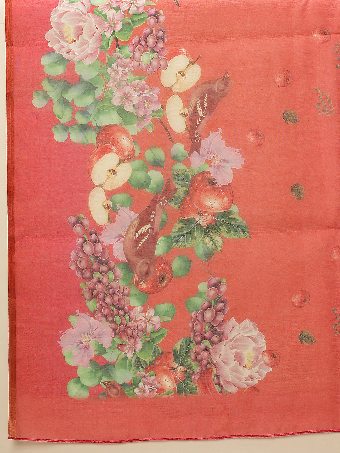 Hiral Fashion Red Chanderi Cotton Blend Fruits Digital Printed Saree | Grocsy