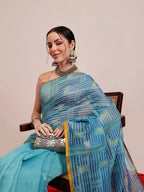 Hiral Fashion Teal Chanderi Cotton Blend Abstract Digital Printed Saree | Grocsy