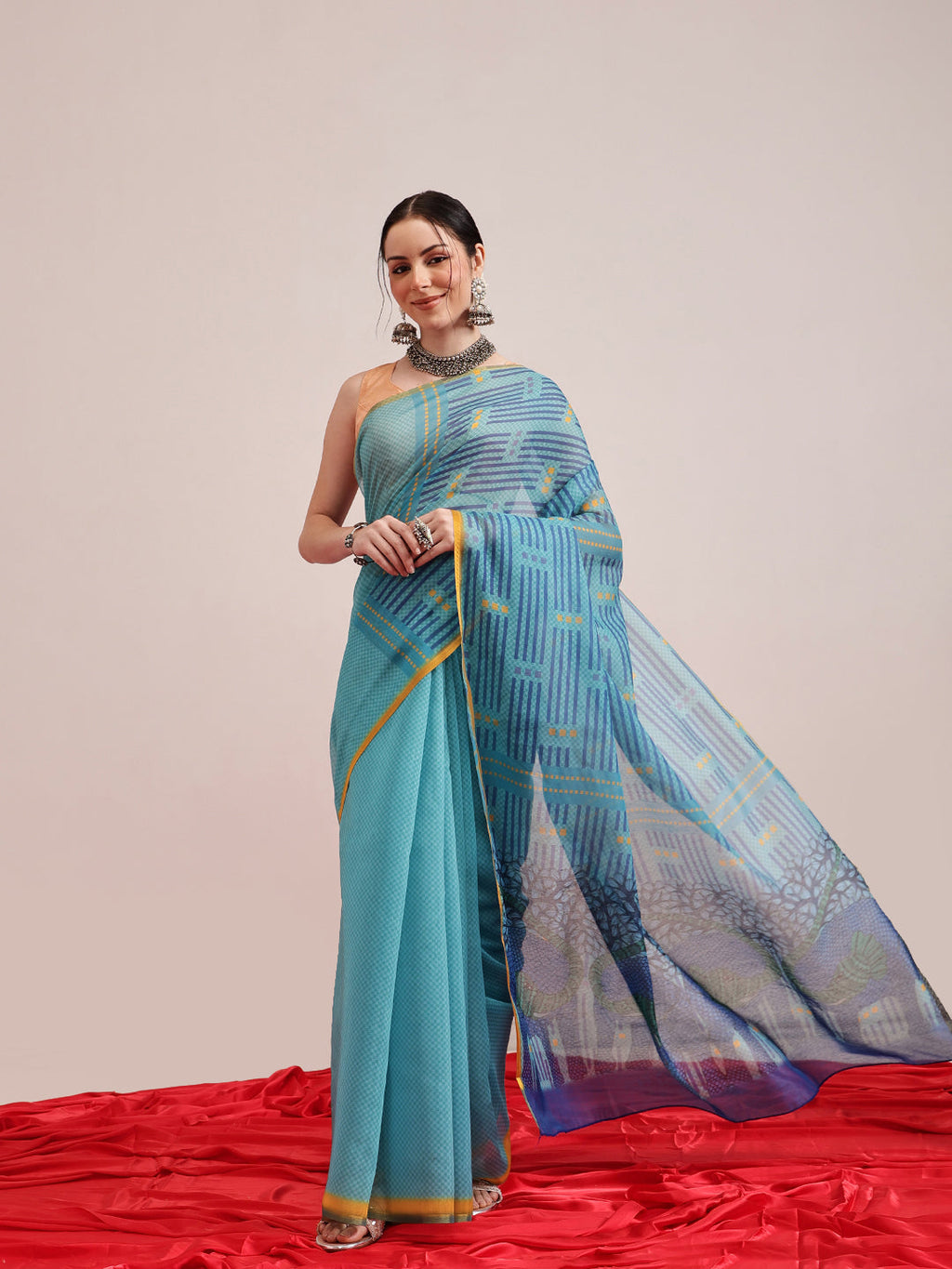 Hiral Fashion Teal Chanderi Cotton Blend Abstract Digital Printed Saree | Grocsy