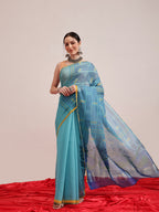 Hiral Fashion Teal Chanderi Cotton Blend Abstract Digital Printed Saree | Grocsy