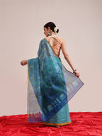 Hiral Fashion Teal Chanderi Cotton Blend Abstract Digital Printed Saree | Grocsy