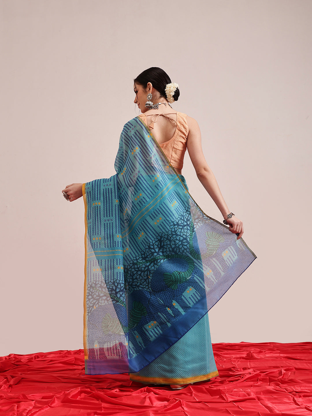 Hiral Fashion Teal Chanderi Cotton Blend Abstract Digital Printed Saree | Grocsy