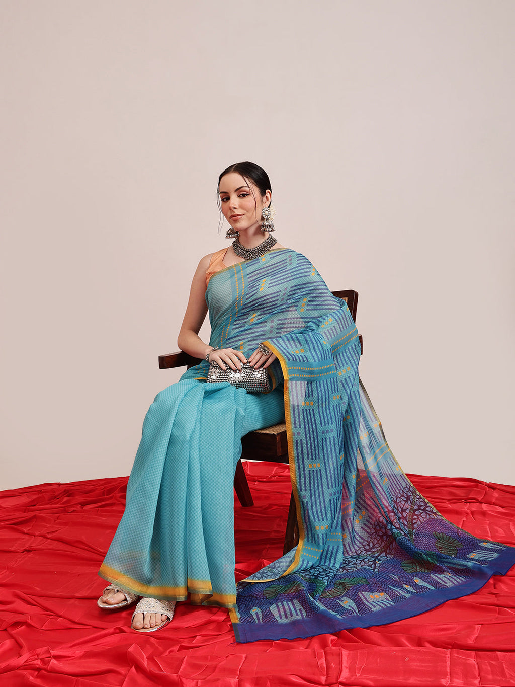 Hiral Fashion Teal Chanderi Cotton Blend Abstract Digital Printed Saree | Grocsy