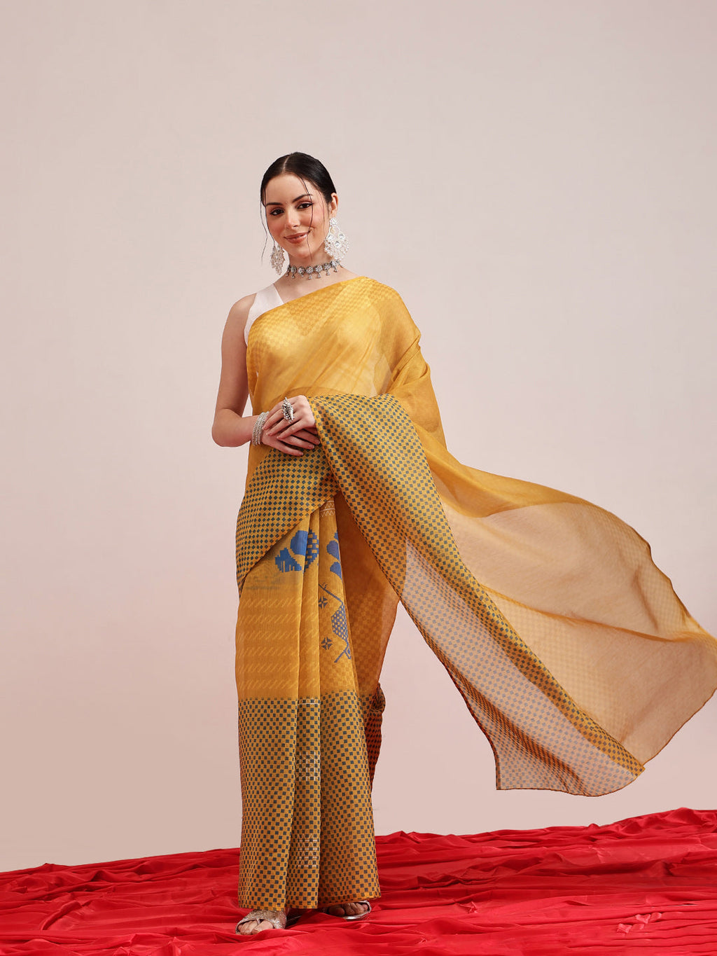 Hiral Fashion Yellow Chanderi Cotton Blend Abstract Digital Printed Saree | Grocsy