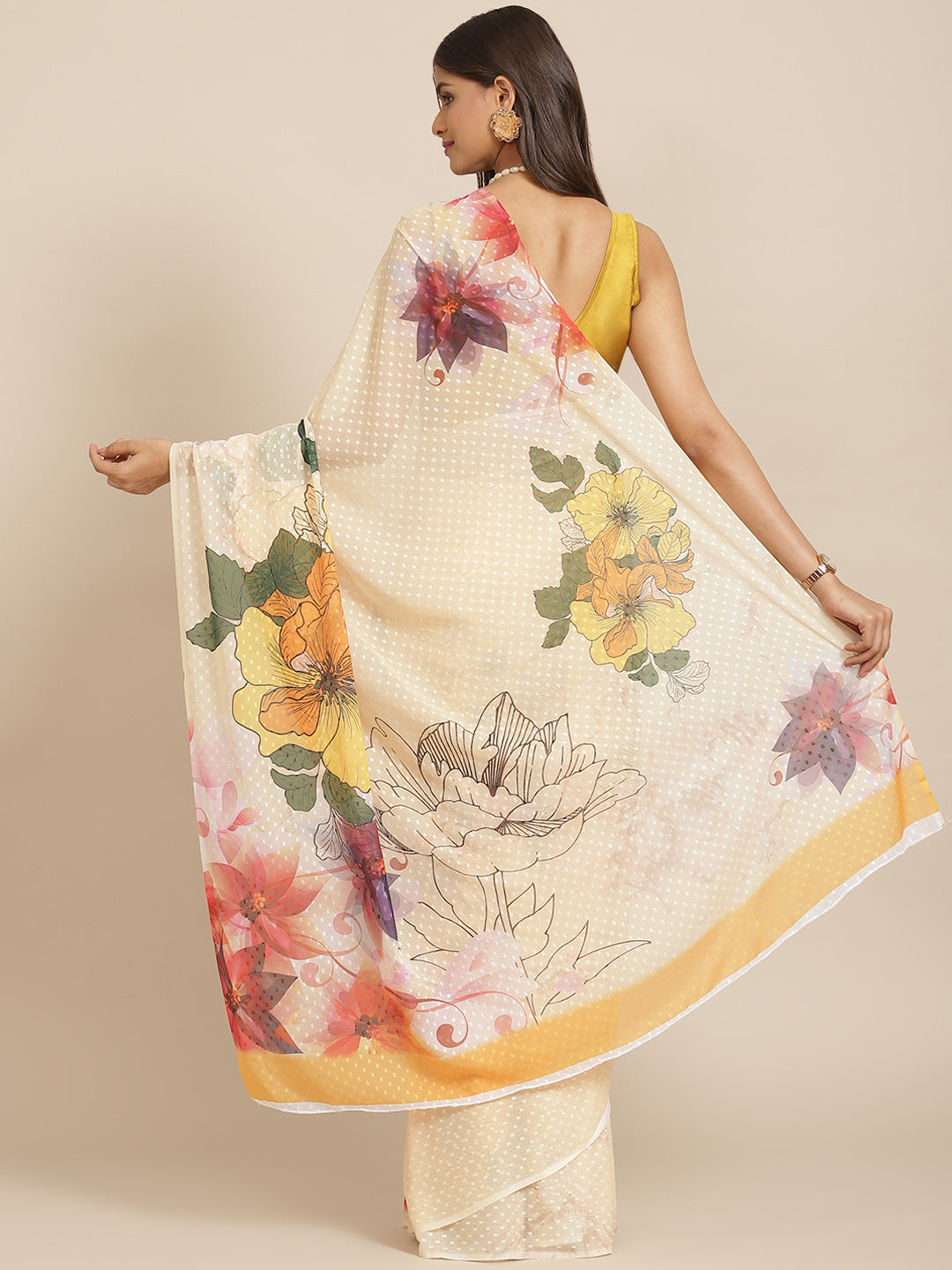 Hiral Fashion Cream Bollywood Chiffon Floral Digital Printed Saree | Grocsy
