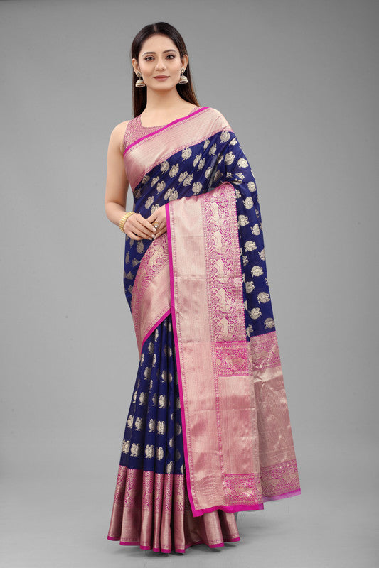 Blue Pure Silk Woven Zari Design Animal Saree with Unstitched Blouse - Hiral Fashion | Grocsy