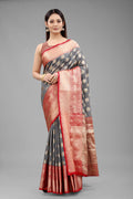 Gray Pure Silk Woven Zari Design Animal Saree with Unstitched Blouse - Hiral Fashion | Grocsy