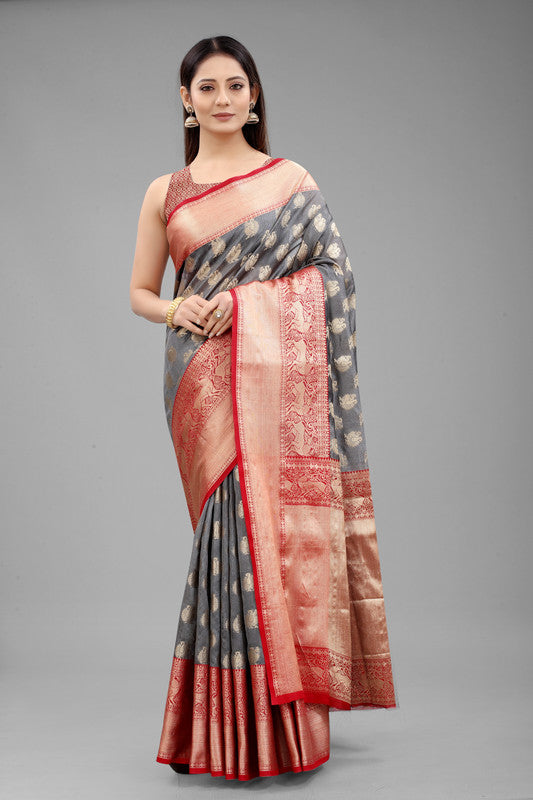 Gray Pure Silk Woven Zari Design Animal Saree with Unstitched Blouse - Hiral Fashion | Grocsy