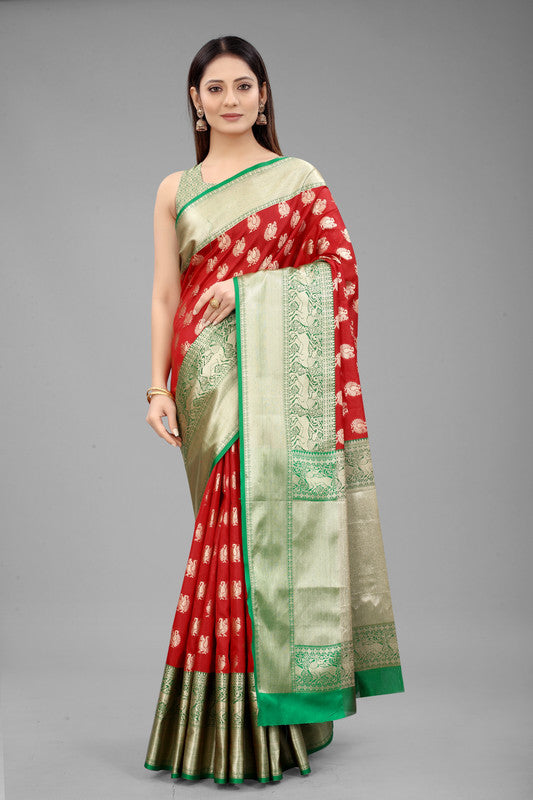 Red Pure Silk Woven Zari Design Animal Saree with Unstitched Blouse - Hiral Fashion | Grocsy