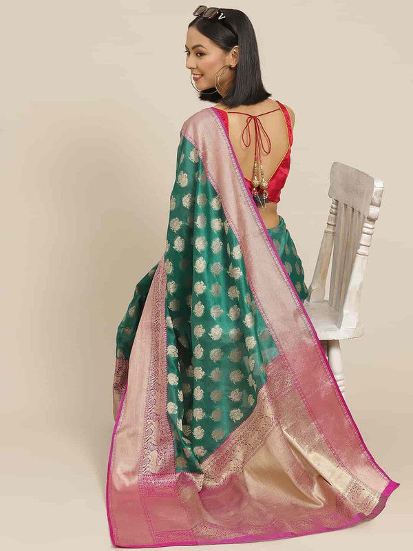 Turquoise Pure Silk Woven Zari Design Animal Saree with Unstitched Blouse - Hiral Fashion | Grocsy
