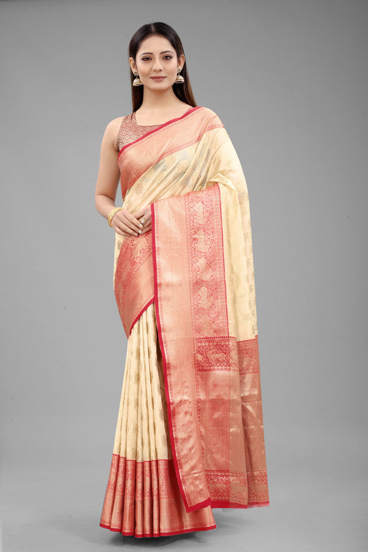 White Pure Silk Woven Zari Design Animal Saree with Unstitched Blouse - Hiral Fashion | Grocsy
