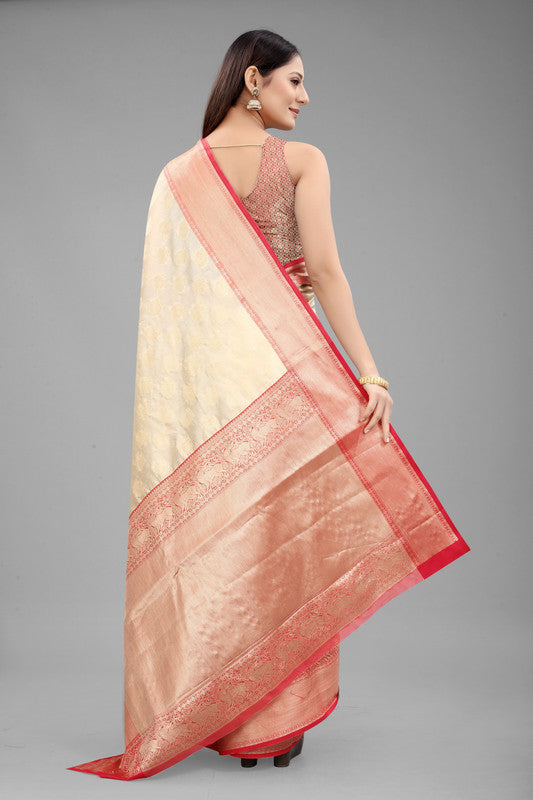 White Pure Silk Woven Zari Design Animal Saree with Unstitched Blouse - Hiral Fashion | Grocsy