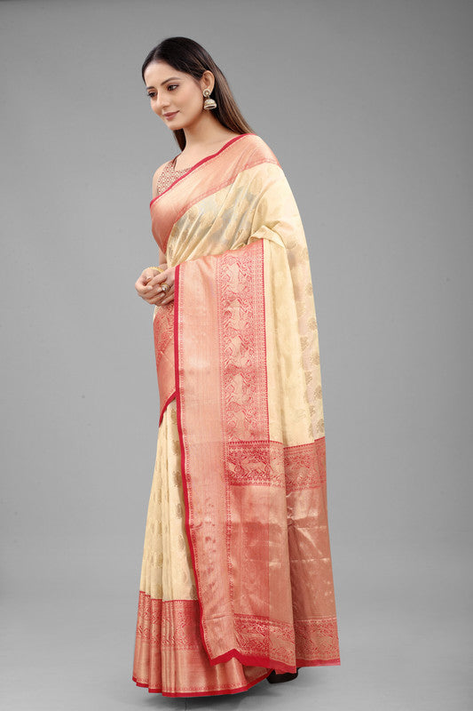 White Pure Silk Woven Zari Design Animal Saree with Unstitched Blouse - Hiral Fashion | Grocsy