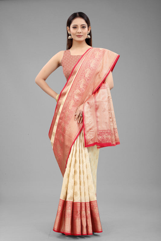 White Pure Silk Woven Zari Design Animal Saree with Unstitched Blouse - Hiral Fashion | Grocsy