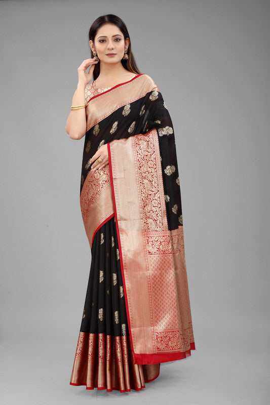 Black Pure Silk Woven Zari Design Floral Saree with Unstitched Blouse - Hiral Fashion | Grocsy