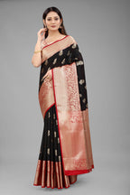 Black Pure Silk Woven Zari Design Floral Saree with Unstitched Blouse - Hiral Fashion | Grocsy