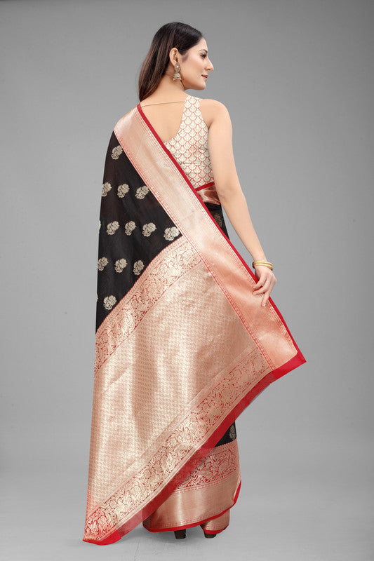 Black Pure Silk Woven Zari Design Floral Saree with Unstitched Blouse - Hiral Fashion | Grocsy