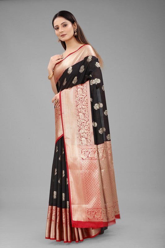 Black Pure Silk Woven Zari Design Floral Saree with Unstitched Blouse - Hiral Fashion | Grocsy