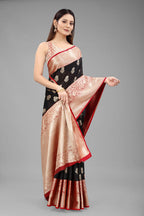 Black Pure Silk Woven Zari Design Floral Saree with Unstitched Blouse - Hiral Fashion | Grocsy