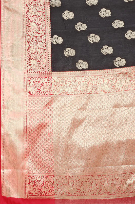 Black Pure Silk Woven Zari Design Floral Saree with Unstitched Blouse - Hiral Fashion | Grocsy