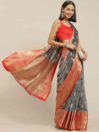 Gray Pure Silk Woven Zari Design Floral Saree with Unstitched Blouse - Hiral Fashion | Grocsy