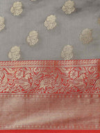 Gray Pure Silk Woven Zari Design Floral Saree with Unstitched Blouse - Hiral Fashion | Grocsy