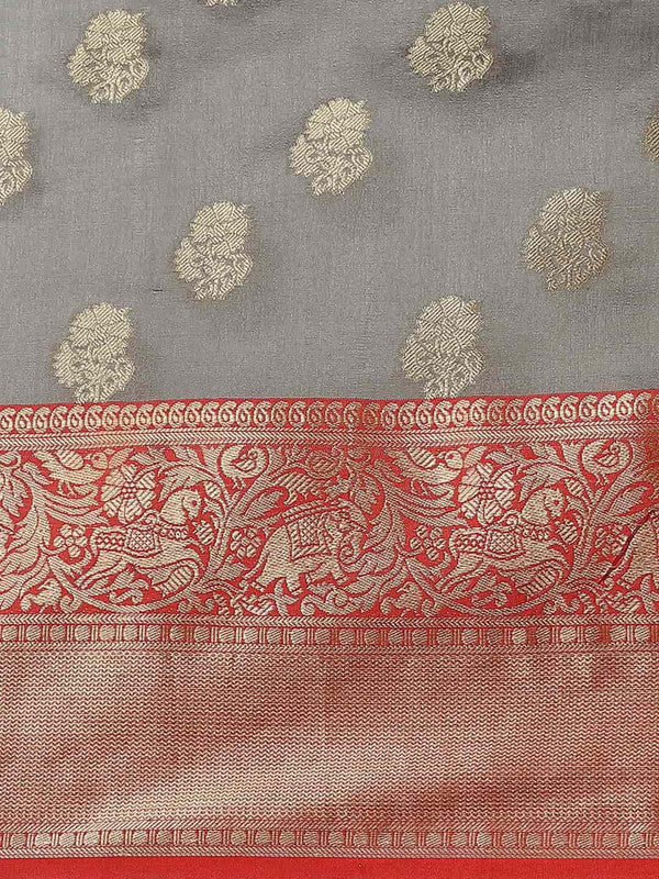 Gray Pure Silk Woven Zari Design Floral Saree with Unstitched Blouse - Hiral Fashion | Grocsy