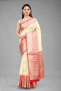 White Pure Silk Woven Zari Design Floral Saree with Unstitched Blouse - Hiral Fashion | Grocsy