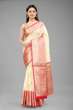 White Pure Silk Woven Zari Design Floral Saree with Unstitched Blouse - Hiral Fashion | Grocsy