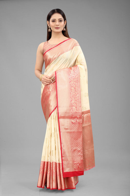 White Pure Silk Woven Zari Design Floral Saree with Unstitched Blouse - Hiral Fashion | Grocsy