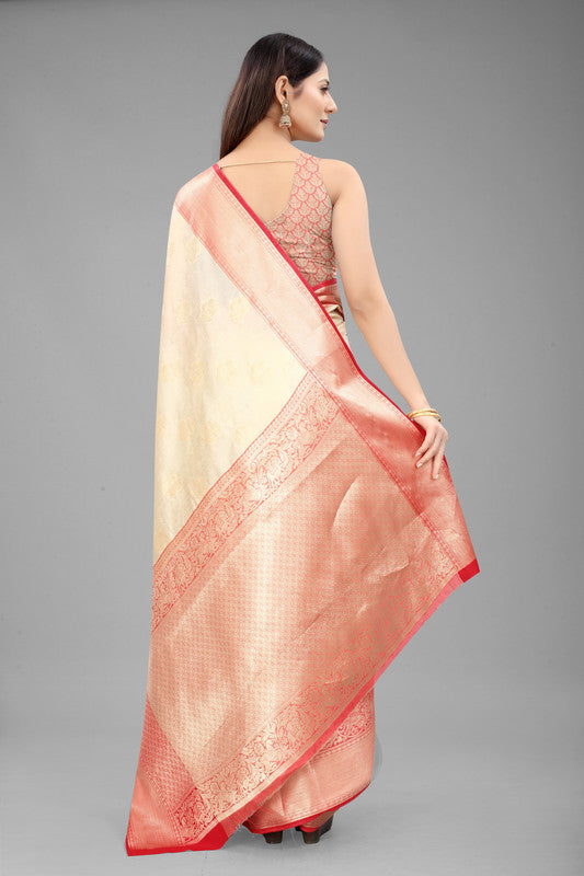 White Pure Silk Woven Zari Design Floral Saree with Unstitched Blouse - Hiral Fashion | Grocsy