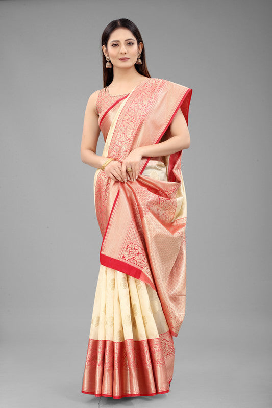 White Pure Silk Woven Zari Design Floral Saree with Unstitched Blouse - Hiral Fashion | Grocsy