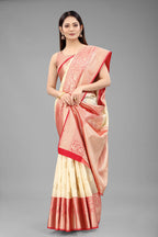 White Pure Silk Woven Zari Design Floral Saree with Unstitched Blouse - Hiral Fashion | Grocsy